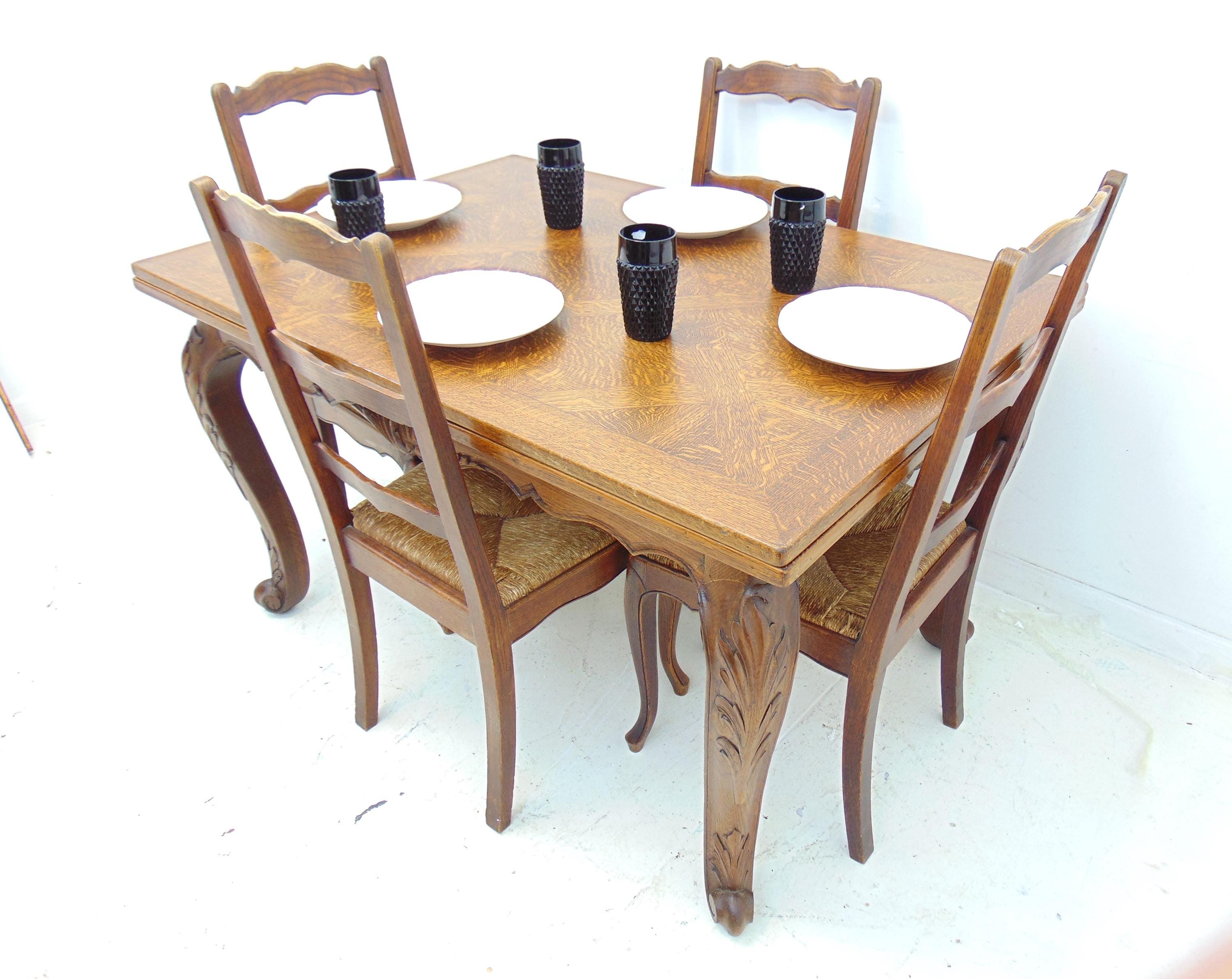 Antique Quarter Sawn Oak French Country Dining Table Set With Four
