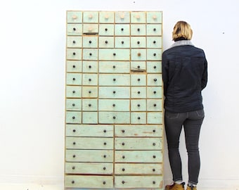 Antique Rustic Industrial Wood Storage Cabinet with Charm, Patina, and Distressed Paint