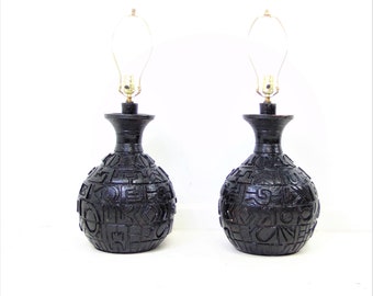 Pair of Vintage Mid- Century Textural Heavy Ceramic Table Lamps