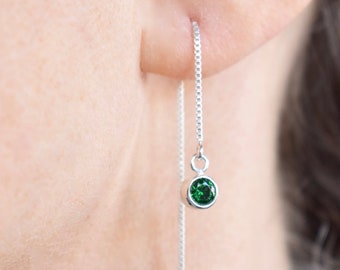 Emerald  threader earrings – May birthstone Christmas gift, sterling silver Green CZ crystal chain earrings