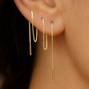 Sterling Silver Threader Earrings, Minimalist Multiple Piercing Rose Gold Vermeil Helix Chain 4/6/8/16"