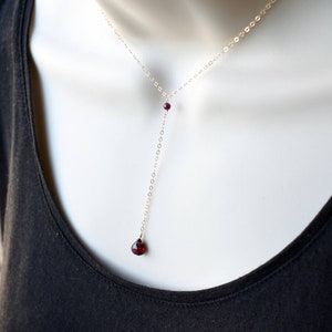 Garnet Lariat Necklace January Birthstone Gift for Mom Wife, Red Crystal Necklace, Gold F. Silver Rhodolite Garnet Stone Gemstone Y Necklace