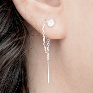 Double Piercing Earring, 3in1 Prong Set CZ Diamond Stud Threader Earring Gold Silver, Tiny Crystal Earring, Chain Earring, Two Hole Earrings