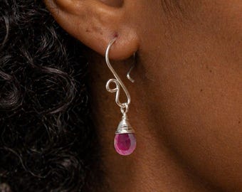 Sterling Silver Ruby Earrings: Wire Wrapped July Birthstone Grad Gift
