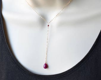 Ruby Necklace 14k Gold Fill Sterling Silver Natural Ruby Drop Y Lariat Necklace, July Birthstone Christmas Gift for Mom Wife