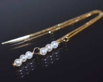 Freshwater Pearl Threader Earrings, Silver Gold Filled Dangle Earrings Pearl Chain Earrings, Thread Through Earrings, Christmas Gift