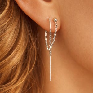 Sterling Silver Double Piercing Threader Earring, Connected Stud Chain, Minimalist Curated Ear Stack