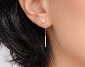 Pearl Threader Earring Short, Sterling Silver / Gold Filled, June Birthstone, Curated Ear Stack