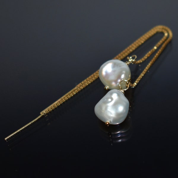 Baroque Pearl Earrings Gold Filled Silver Threader Earrings – June Birthstone Christmas Gift, Genuine White Purple Freshwater Pearl Jewelry
