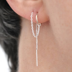 Double Piercing Hoop Chain Earring, Multiple Piercing Rose Gold Filled Sterling Silver Threader Earring, huggie earrings