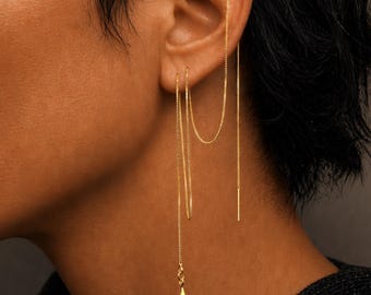 Super Long Teardrop Threader Earring – Single 16" Gold Vermeil Chain Earring for Multiple Piercings