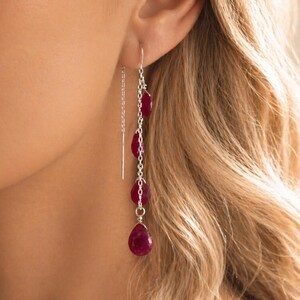 Ruby Threader Earrings: Sterling Silver, Gold filled, July Birthstone Jewelry, Grad Gift