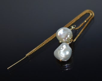 Pearl Threader Earrings: Gold Filled Sterling Silver White or Purple Baroque Pearl, June Birthstone