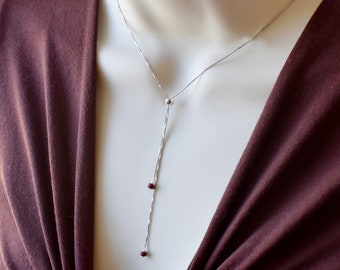 Ruby Lariat Necklace Sterling Silver, Adjustable Emerald Ruby Sapphire Birthstone Sliding Y Bolo Necklace, Christmas Gift