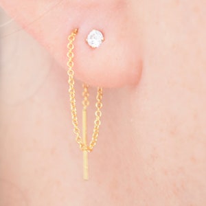 CZ Threader Earring: Sterling Silver Gold Fill Double Piercing Stud and Chain