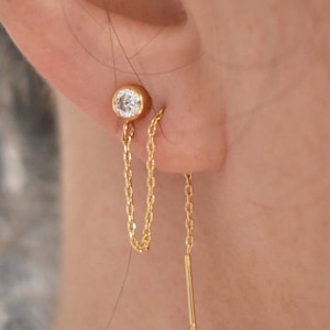 Gold Filled Double Piercing Earring: CZ Diamond Threader Chain