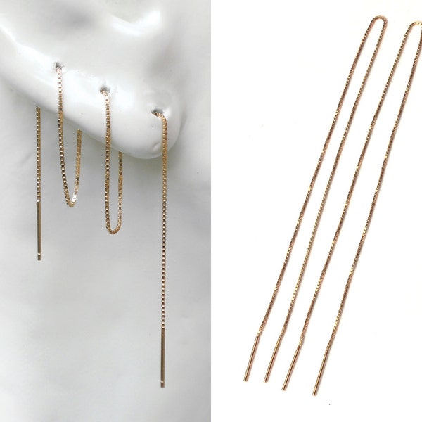 Gold threader earring, extra long 4" 6" 8" 16" minimal multiple piercing sterling silver rose gold vermeil helix box chain earring