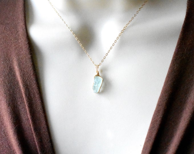 Raw aquamarine necklace sterling silver 14k gold filled – March birthstone Pisces Zodiac birthday gift