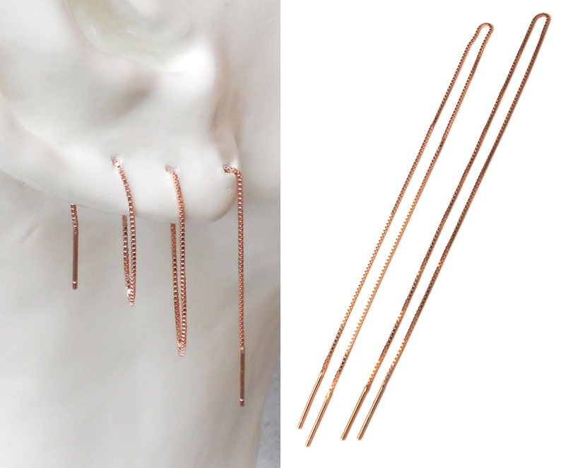 Extra long threader earring for multiple piercing in sterling silver, rose gold / gold vermeil image 8