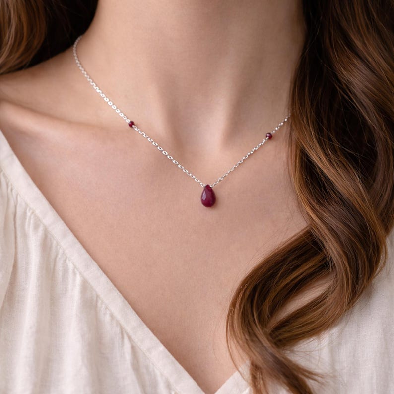 Dainty Ruby Drop Necklace, Sterling Silver, Gold Filled, July Birthstone Jewelry, Minimalist Choker image 1