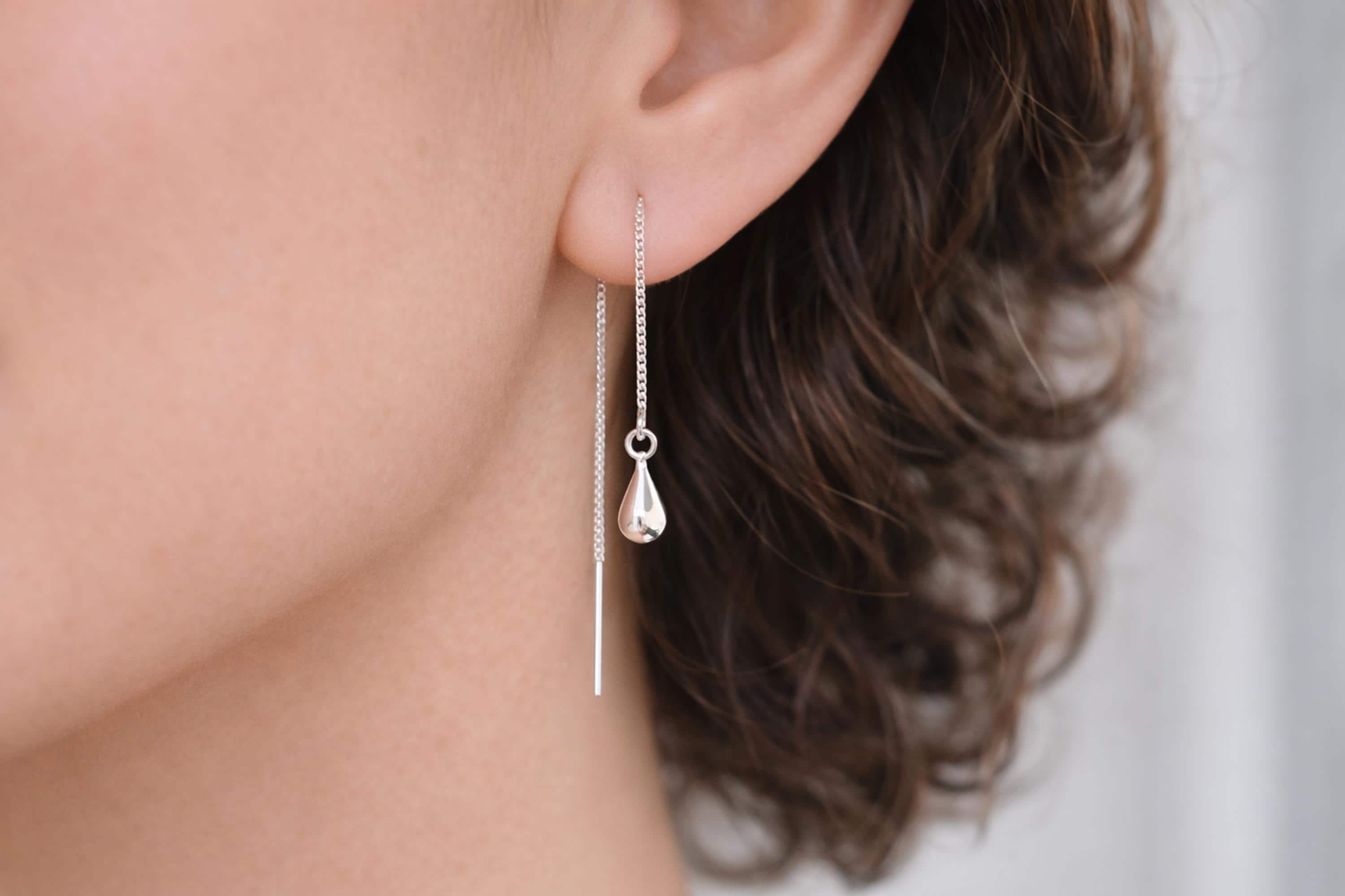 Sterling Silver Teardrop Threader Earrings: Minimalist Dangle Drop Chain Thread Earrings