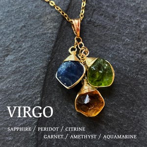 Personalized Virgo Raw Gemstone Zodiac Necklace: 925 Silver, Gold Fill