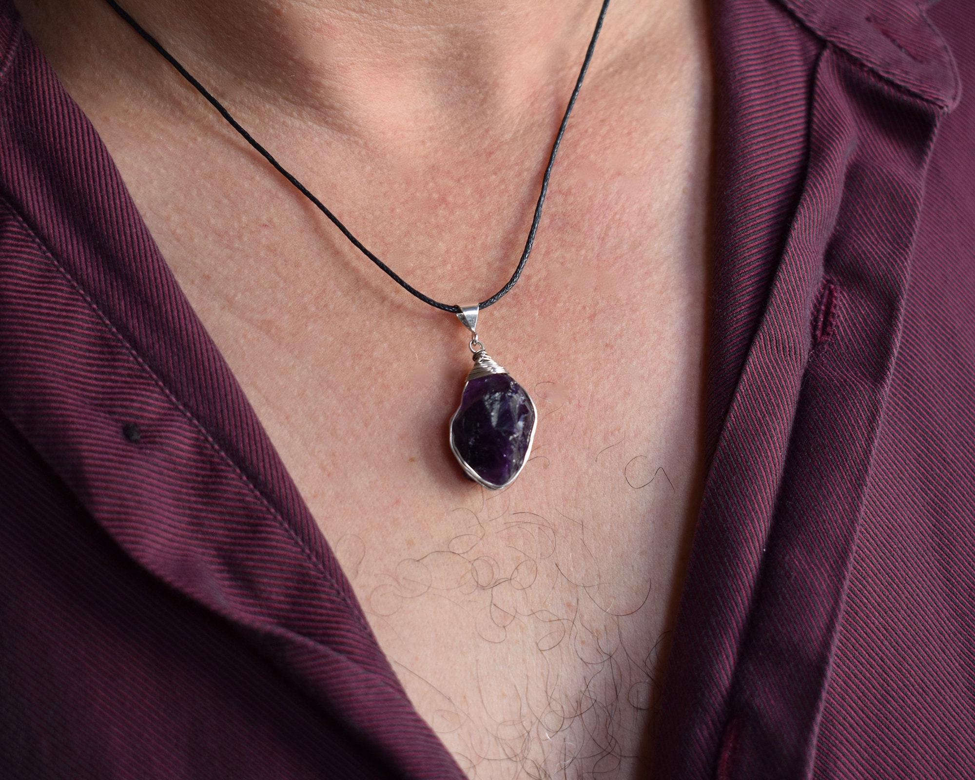 Mens Raw Amethyst Necklace Sterling 