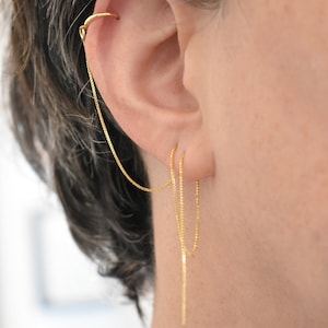 Hoop chain earring, multiple piercing upper ear helix to lobe threader earring in sterling silver rose gold vermeil huggie earrings