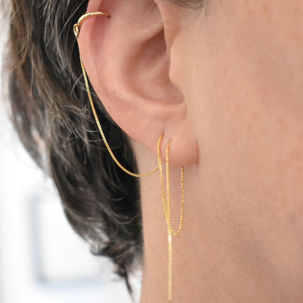 Hoop chain earring, multiple piercing upper ear helix to lobe threader earring in sterling silver rose gold vermeil huggie earrings