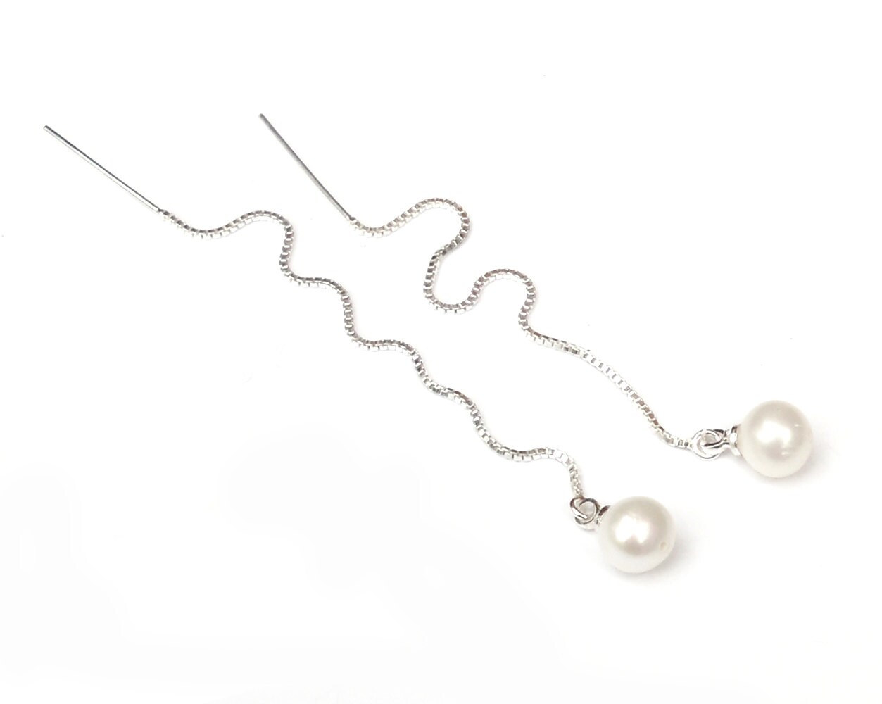 June birthstone gift Freshwater pearls threader earrings in sterling silver Wedding earrings. 