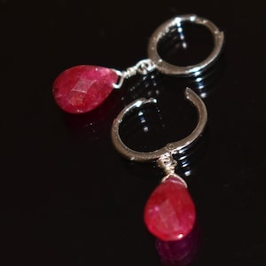 Ruby Hoop Earrings in Sterling Silver or Gold Vermeil – July Birthday Birthstone Jewelry, Mother’s Day Gift for wife mom, Huggie Earrings