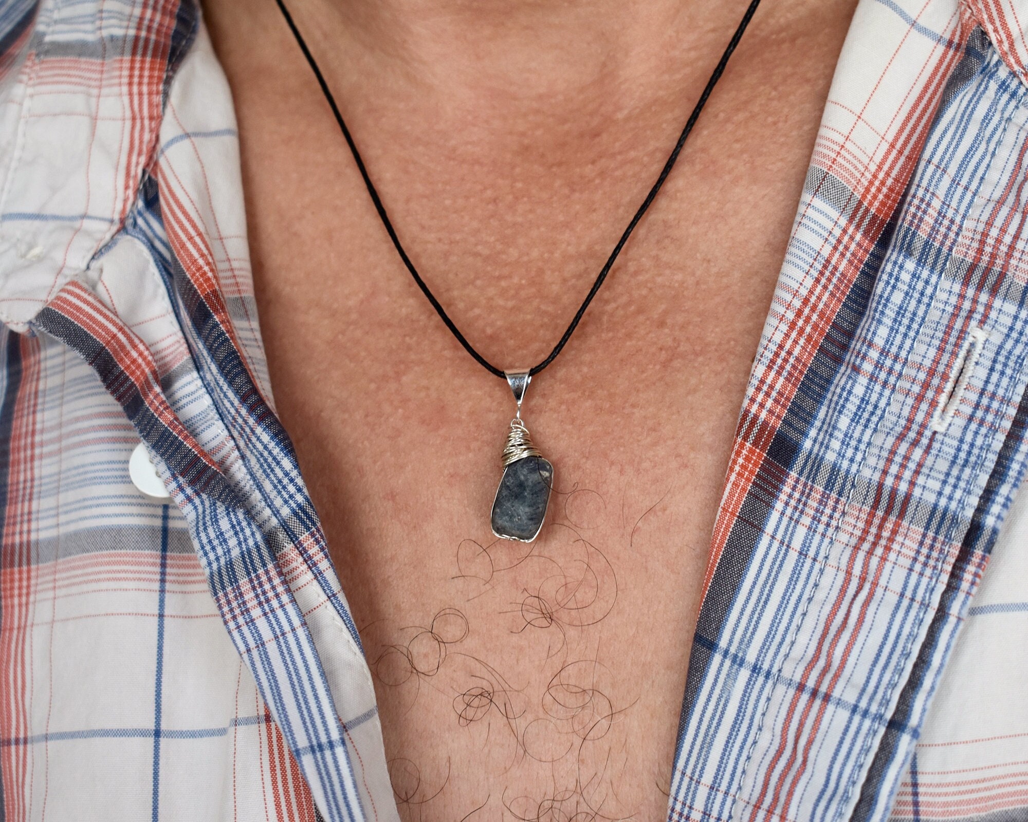 Mens Raw Sapphire Necklace Sterling Silver September Etsy