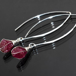 Raw Ruby Sterling Silver Earrings: Long Dangle July Birthstone Jewelry
