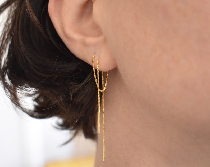 Extra long threader earring for multiple piercing in sterling silver, rose gold / gold vermeil image 4
