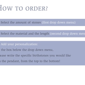 Może przedstawiać: Jak zam&oacute;wić spersonalizowany wisiorek z kamieniami. Wybierz liczbę kamieni, materiał i długość z rozwijanych menu. Dodaj swoje preferencje dotyczące kamieni urodzeniowych w polu pod menu.