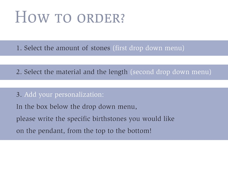 Może przedstawiać: Jak zam&oacute;wić spersonalizowany wisiorek z kamieniami. Wybierz liczbę kamieni, materiał i długość z rozwijanych menu. Dodaj swoje preferencje dotyczące kamieni urodzeniowych w polu pod menu.