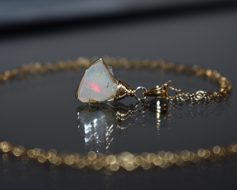Wire Wrap Raw Crystal Necklace Raw Opal Necklace 14k Gold Filled October Birthstone Opal Jewelry Raw Stone Necklace Fire Opal Pendant