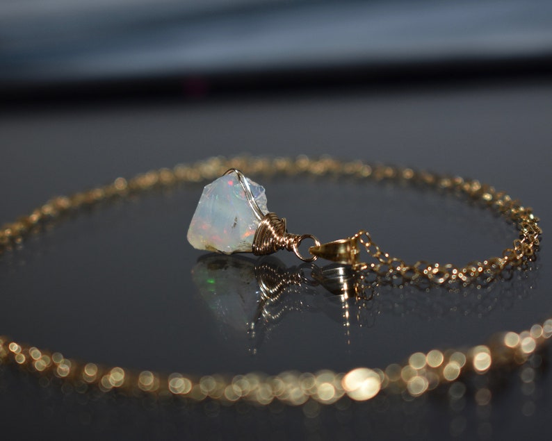 Wire Wrap Raw Crystal Necklace Raw Opal Necklace 14k Gold Filled October Birthstone Opal Jewelry Raw Stone Necklace Fire Opal Pendant
