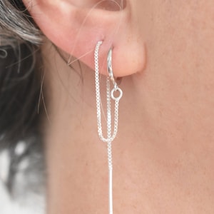 Hoop + Box Chain Threader Earring in Sterling Silver or Gold Vermeil. Huggie earring and chain earring