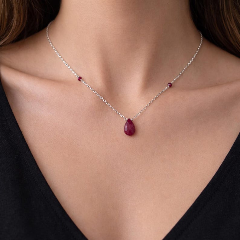 Dainty Ruby Drop Necklace, Sterling Silver, Gold Filled, July Birthstone Jewelry, Minimalist Choker image 3