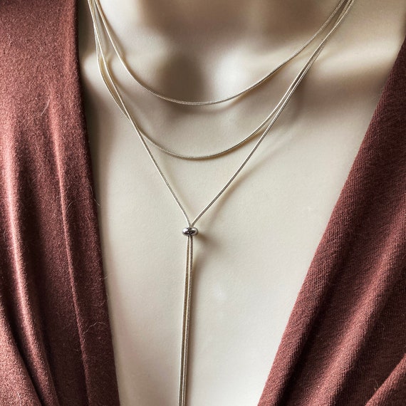Sterling Silver Adjustable Y-style Lariat Necklace Box Chain and Slider Bead Sterling Silver Adjustable Y-style Lariat Necklace Box Chain and Slider Bead