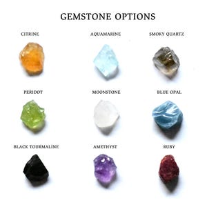 Może przedstawiać: Wyb&oacute;r kamieni szlachetnych, w tym cytryn, akwamaryn, kwarc dymny, perydot, księżycowy kamień, opal niebieski, czarny turmalin, ametyst i rubin. Każdy kamień szlachetny jest prezentowany na białym tle.