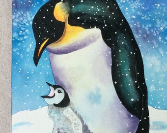 Emperor Penguin and Chick  8x10 Original Watercolor Painting