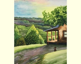 Cabin In The Mountain 8x10 watercolor print