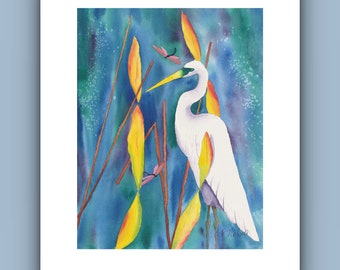 The Heron and the Dragonfly  Watercolor Print