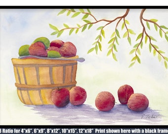 Harvest Time - Apples in a Basket - Watercolor Digital Downloadable Print