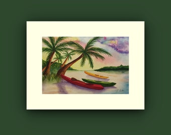 Kayaks On The Beach is a the way to spend your weekend. It is a print of my original watercolor painting