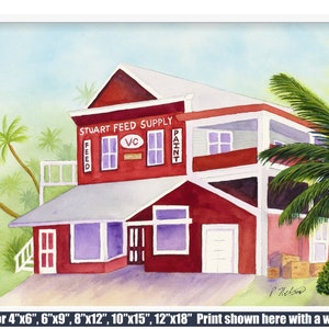 May include: A watercolor painting of a red building with white trim and a sign that reads "Stuart Feed Supply". The building has a porch and a palm tree is in the foreground. The painting is signed "P. Nelson".