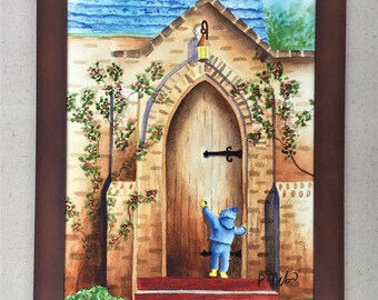 May I come In Please is a young child going to church. It is an Original watercolor painting