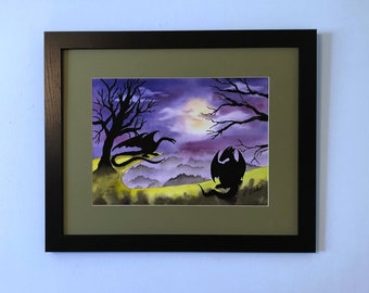 Dragons In The Moonlight is a 16x20 original watercolor painting